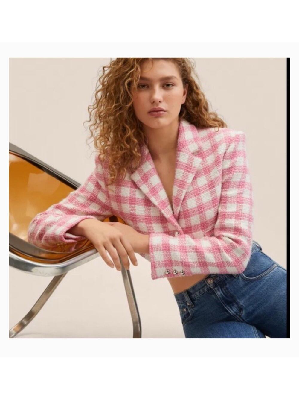 Mango MNG Tweed Lady Jacket Womens Pink Cropped Long Sleeve Size Medium